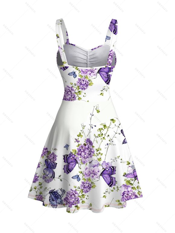 Vacation Couple Outfit Watercolor Floral Vine Butterfly Print Ruched Belt Dress and Shirt Set - Blanc S | US 4