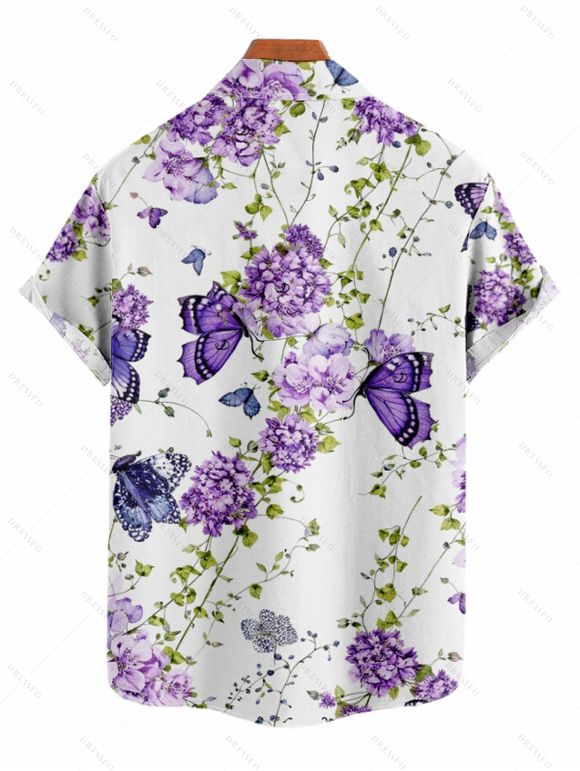 Vacation Couple Outfit Watercolor Floral Vine Butterfly Print Ruched Belt Dress and Shirt Set - Blanc S | US 4