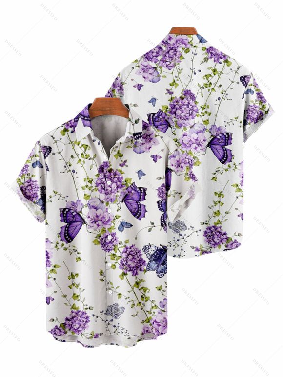 Vacation Couple Outfit Watercolor Floral Vine Butterfly Print Ruched Belt Dress and Shirt Set - Blanc S | US 4