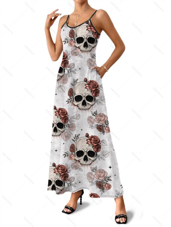 Vacation Couple Outfit Gothic Skull Rose Print Pocket Long Dress and Shirt Set - Gris Clair S | US 4