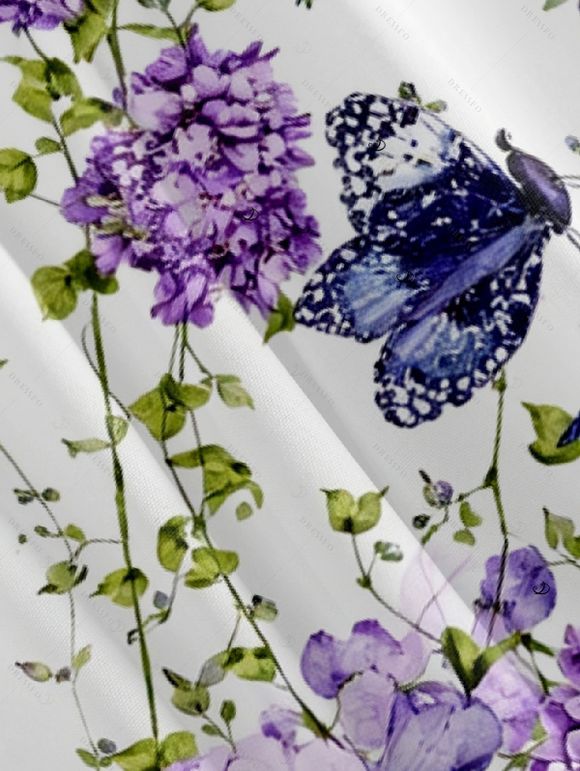 Vacation Couple Outfit Watercolor Floral Vine Butterfly Print Ruched Belt Dress and Shirt Set - Blanc S | US 4