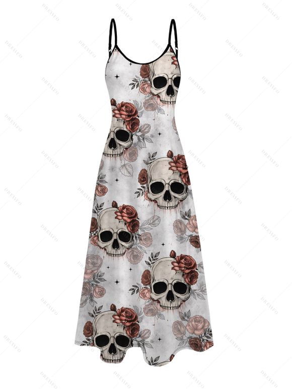 Vacation Couple Outfit Gothic Skull Rose Print Pocket Long Dress and Shirt Set - Gris Clair S | US 4