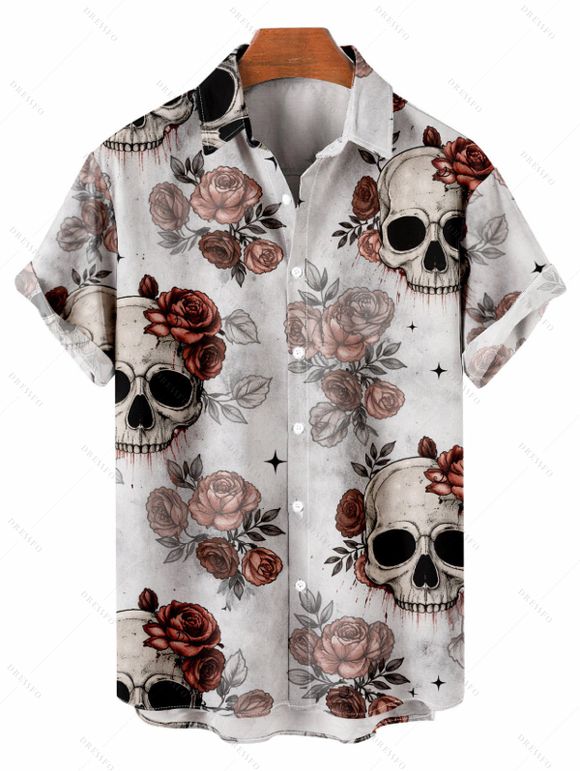 Vacation Couple Outfit Gothic Skull Rose Print Pocket Long Dress and Shirt Set - Gris Clair S | US 4