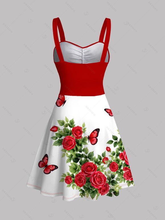 Vacation Couple Outfit Romantic Rose Butterfly Print Ruched Dress and Shirt Set - Rouge S | US 4