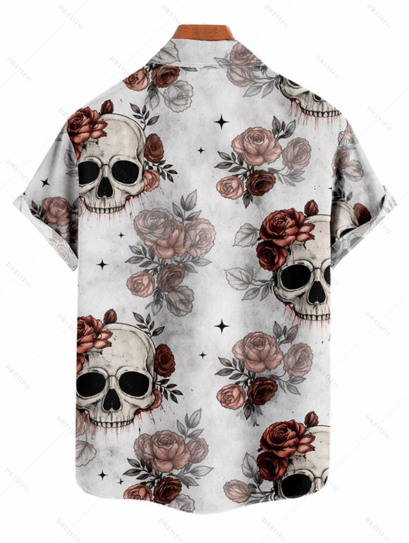 Vacation Couple Outfit Gothic Skull Rose Print Pocket Long Dress and Shirt Set - Gris Clair S | US 4