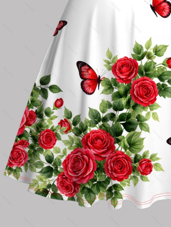 Vacation Couple Outfit Romantic Rose Butterfly Print Ruched Dress and Shirt Set - Rouge S | US 4