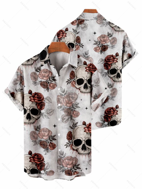 Vacation Couple Outfit Gothic Skull Rose Print Pocket Long Dress and Shirt Set - Gris Clair S | US 4