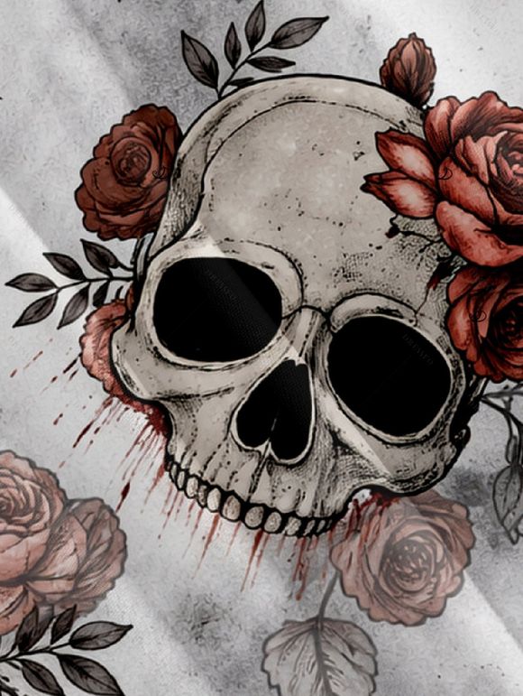 Vacation Couple Outfit Gothic Skull Rose Print Pocket Long Dress and Shirt Set - Gris Clair S | US 4
