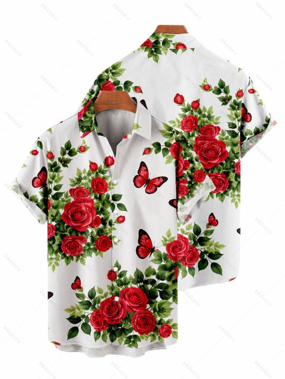 Vacation Couple Outfit Romantic Rose Butterfly Print Ruched Dress and Shirt Set - Rouge S | US 4
