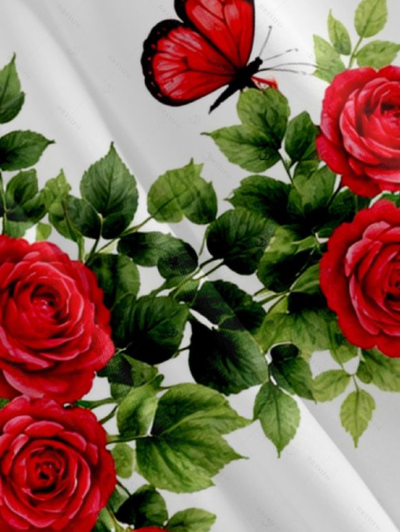 Vacation Couple Outfit Romantic Rose Butterfly Print Ruched Dress and Shirt Set - Rouge S | US 4