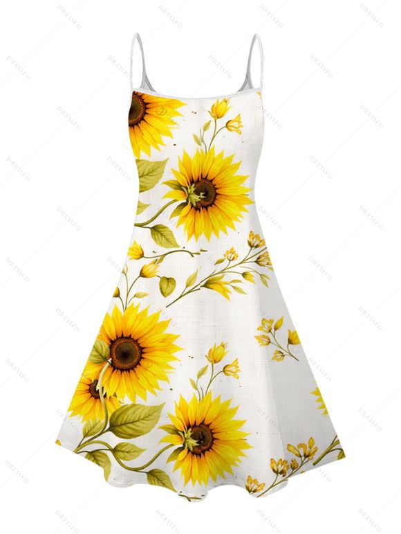 Vacation Couple Outfit Sunflower Leaf Pattern Spaghetti Strap Dress and Shirt Set - Blanc S | US 4