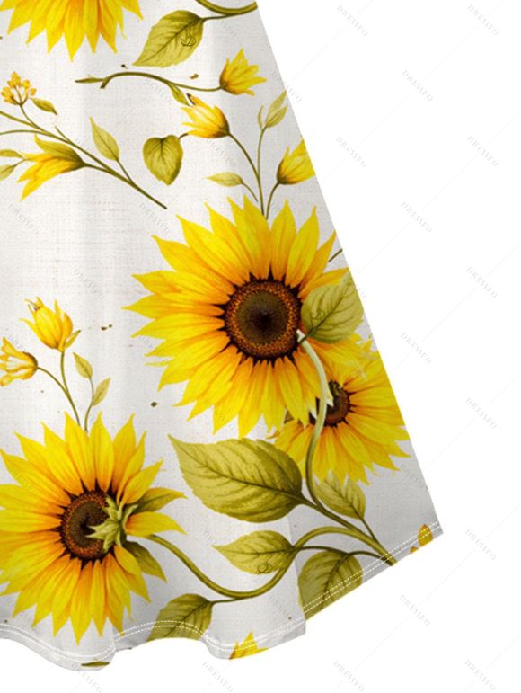 Vacation Couple Outfit Sunflower Leaf Pattern Spaghetti Strap Dress and Shirt Set - Blanc S | US 4