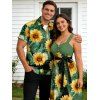Van Gogh Sunflower Print Women's Sweetheart Neck Mock Button Dress and Men's Button Up Shirt Resort Hawaii Outfit