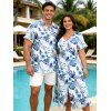Vacation Couple Outfit Tropical Flower Leaf Print Slit Dress and Shirt Set - Bleu profond S | US 4