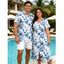 Vacation Couple Outfit Tropical Flower Leaf Print Slit Dress and Shirt Set - Bleu profond S | US 4