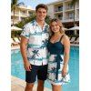 Beach Couple Outfit Coconut Tree Print Colorblock Belt Dress and Shirt Set - Paon Bleu S | US 4