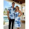 Vacation Couple Outfit Coconut Tree Monstera Leaf Print Pocket Long Dress and Shirt Set - Bleu Ciel S | US 4