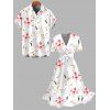 Vacation Couple Outfit Watercolor Cosmos Floral Pattern Surplice Belt Dress and Shirt Set - Rose S | US 4