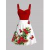 Robe de vacances romantique à imprimé rose et papillon, mini-robe froncée au buste - Rouge M | US 6
