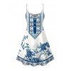 Robe de vacances bleue et blanche à imprimé roses porcelaine, bretelles spaghetti - Blanc M | US 6