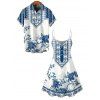 Vacation Couple Outfit Blue & White Porcelain Rose Print Dress and Shirt Set - Blanc S | US 4