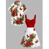Vacation Couple Outfit Romantic Rose Butterfly Print Ruched Dress and Shirt Set - Rouge S | US 4