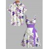 Vacation Couple Outfit Watercolor Floral Vine Butterfly Print Ruched Belt Dress and Shirt Set - Blanc S | US 4
