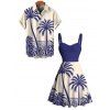 Beach Couple Outfit Colorblock Coconut Tree Print Dress and Shirt Set - Bleu S | US 4