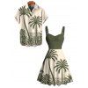 Beach Couple Outfit Colorblock Coconut Tree Print Dress and Shirt Set - Vert Armée S | US 4