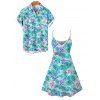 Vacation Couple Outfit Tropical Hibiscus Floral Palm Leaf Print Dress and Shirt Set - Turquoise Foncée S | US 4