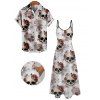 Vacation Couple Outfit Gothic Skull Rose Print Pocket Long Dress and Shirt Set - Gris Clair S | US 4