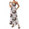 Vacation Couple Outfit Gothic Skull Rose Print Pocket Long Dress and Shirt Set - Gris Clair S | US 4