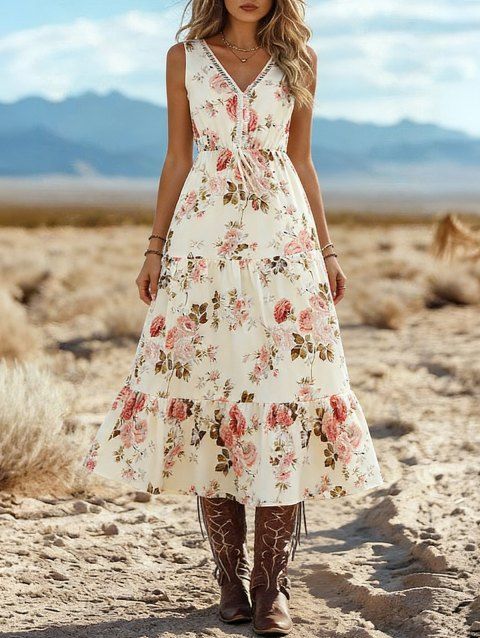 Robe de vacances romantique à motif de roses de jardin, robe élégante ajourée et nouée