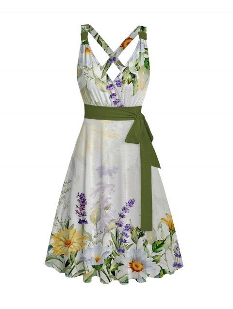 Robe de vacances à imprimé floral aquarelle marguerite lavande et ceinture croisée