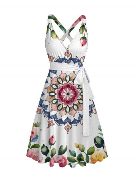 Robe de vacances à imprimé floral mandala et ceinture croisée