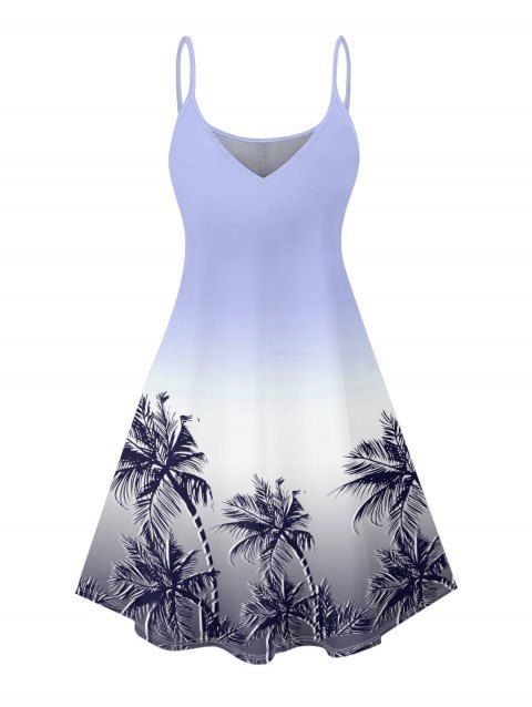 Robe de plage courte à motif cocotier ombré, bretelles spaghetti, col V et coupe trapèze