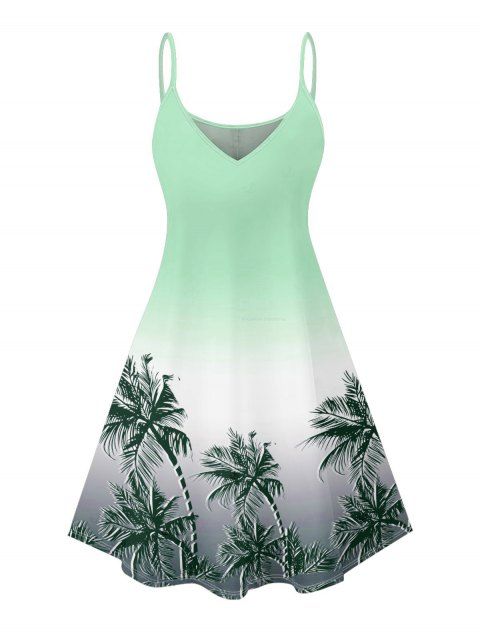 Robe de plage courte à motif cocotier ombré, bretelles spaghetti, col V et coupe trapèze
