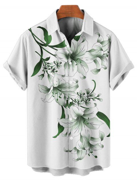 Chemise de vacances pour homme à motif floral de lys et de feuilles, boutonnée, manches courtes retroussées, style décontracté