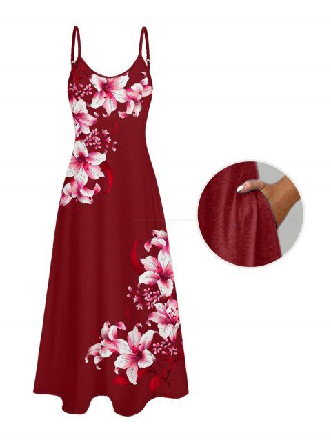 Robe de vacances à poches et imprimé floral Lily, bretelles spaghetti, coupe trapèze, longue et décontractée.