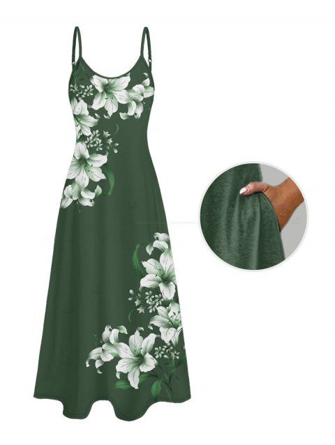 Robe de vacances à poches et imprimé floral Lily, bretelles spaghetti, coupe trapèze, longue et décontractée.