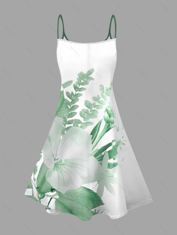 Robe de vacances à imprimé floral et feuilles, mini-robe à bretelles spaghetti - Vert clair XXXXXL | US 20