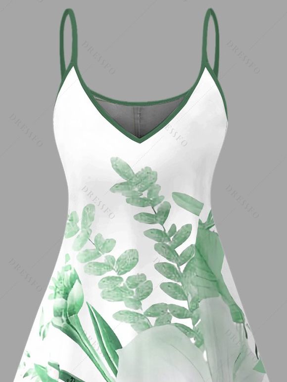 Robe de vacances à imprimé floral et feuilles, mini-robe à bretelles spaghetti - Vert clair XXXXXL | US 20