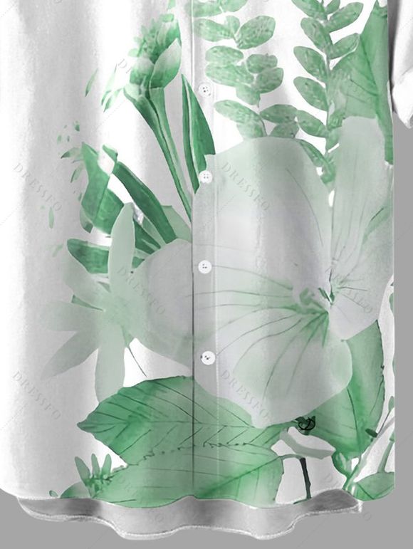 Chemise de vacances pour homme, imprimé fleurs et feuilles, à boutons - Vert clair XL