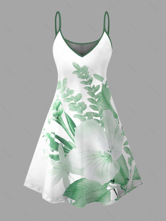 Vacation Couple Outfit Hibiscus Flower Leaf Print Spaghetti Strap Dress and Shirt Set - Vert clair S | US 4