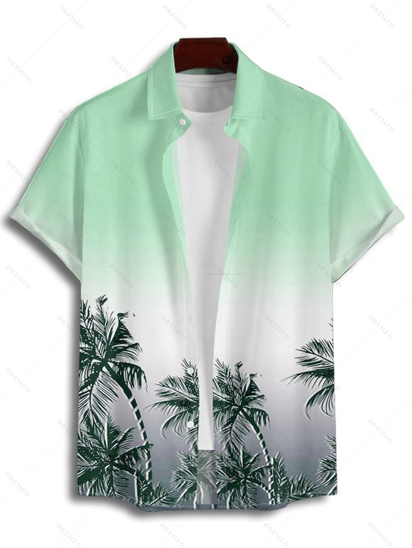 Chemise de plage homme à motif cocotier ombré, manches courtes retroussées, boutonnée - Vert 5XL