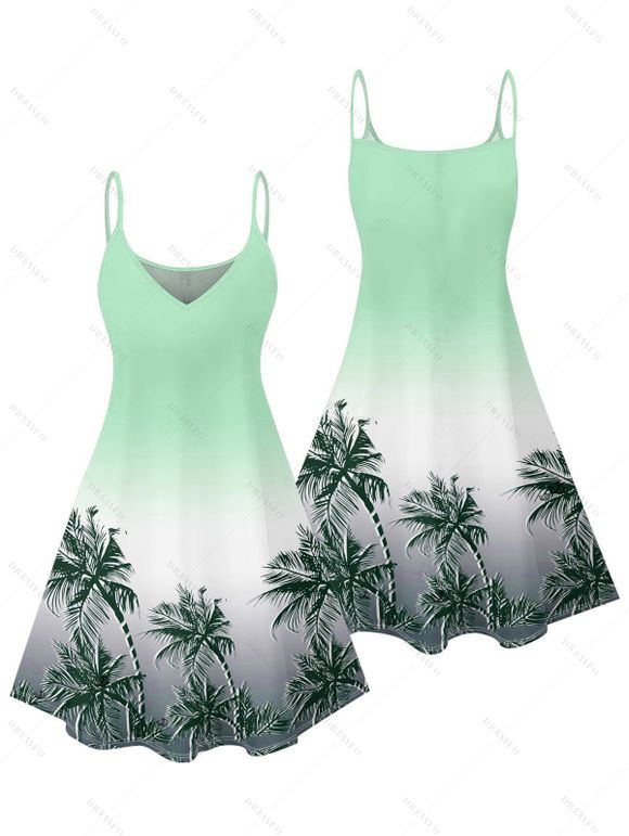 Vacation Couple Outfit Ombre Coconut Tree Pattern Spaghetti Strap V Neck A Line Mini Tank Dress and Button Up Shirt Beach Matching Outfit - Vert S | US 4