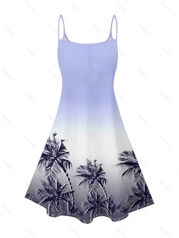 Vacation Couple Outfit Ombre Coconut Tree Pattern Spaghetti Strap V Neck A Line Mini Tank Dress and Button Up Shirt Beach Matching Outfit - Pourpre S | US 4