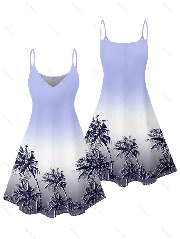 Vacation Couple Outfit Ombre Coconut Tree Pattern Spaghetti Strap V Neck A Line Mini Tank Dress and Button Up Shirt Beach Matching Outfit - Pourpre S | US 4