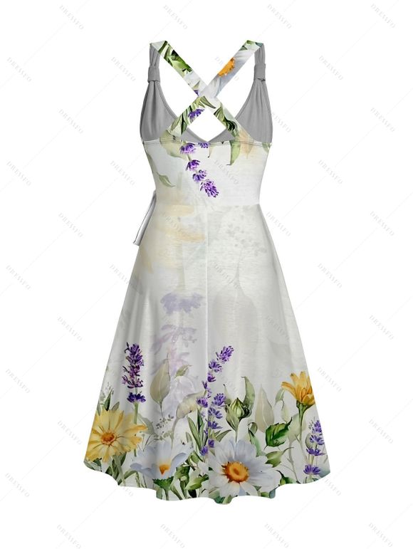 Vacation Couple Outfit Daisy Lavender Floral Print Crossover Belt Dress and Shirt Set - Vert S | US 4