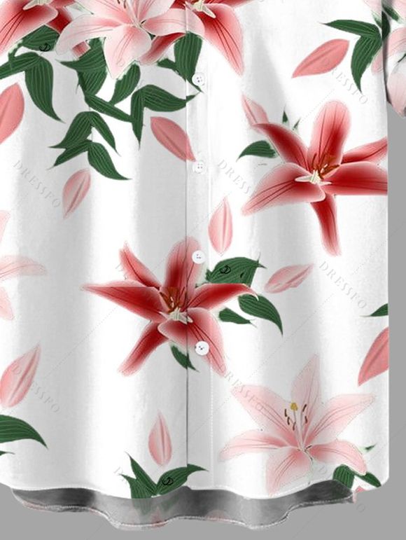 Chemise de vacances pour homme à motif floral lys, chemise boutonnée - Blanc XL